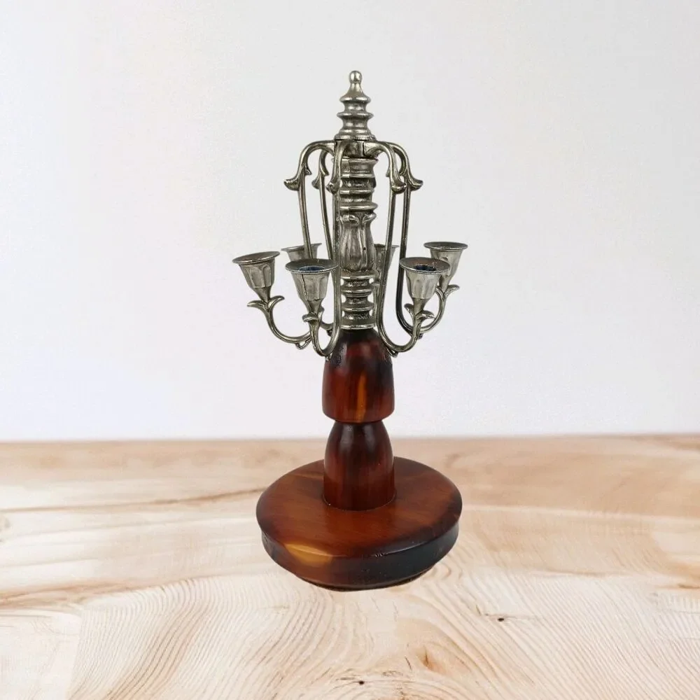 Vtg 6 Arm Wood and Silver Plated Table Candelabra Danish Modern MCM